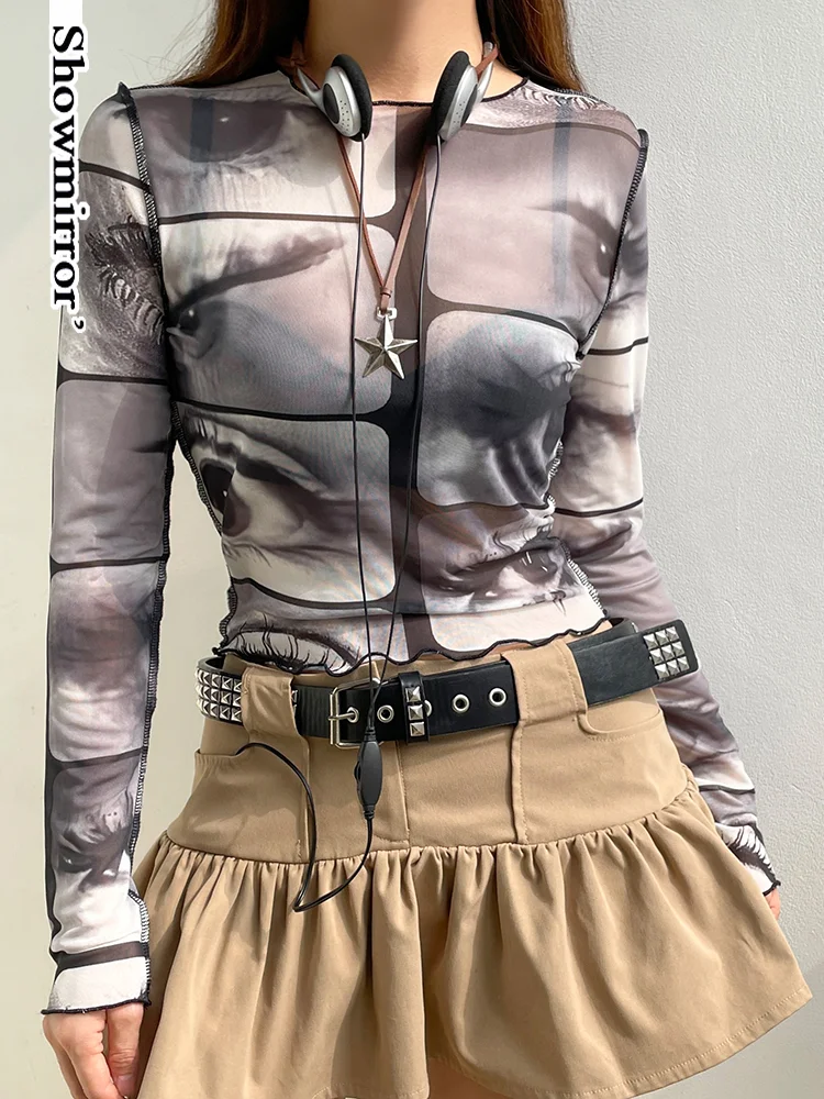 

Showmirror y2k модная Просвечивающая футболка с круглым вырезом с принтом графических глаз укороченный Топ с длинным рукавом Harajuku винтажная улич...