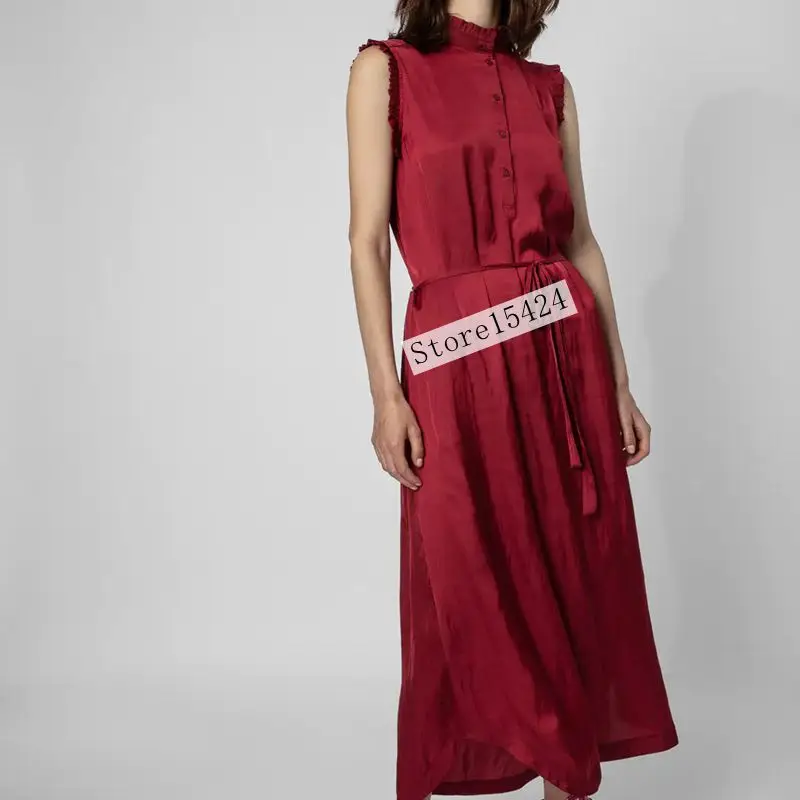 

Women's Summer 2022 New Solid Color Fungus Collar Lace Sleeveless Long Loose Elegant Ladies Dress