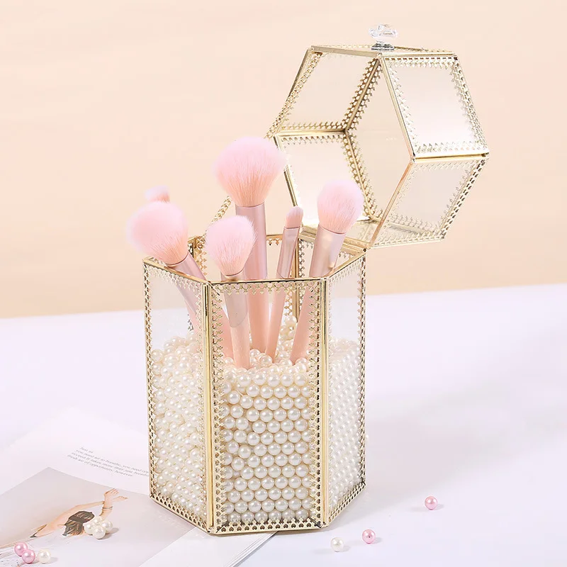 Glass Makeup Brush Box Holder Jewelry Box Pencil Bucket Makeup Organizer Desktop Cosmetic Storage Box Pearls Barrel  ZM827 images - 6