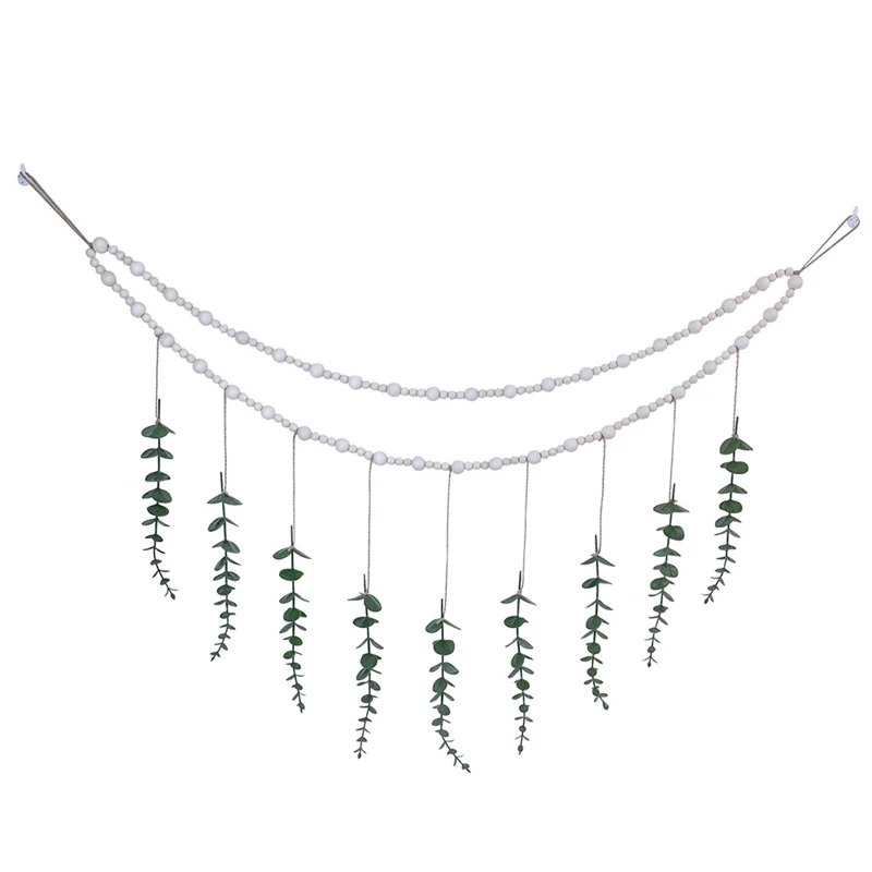 

Faux Eucalyptus Wall Decor Wood Beads Garland Photo Storage Wall Hanging Boho Home Living Room Bedroom Decor