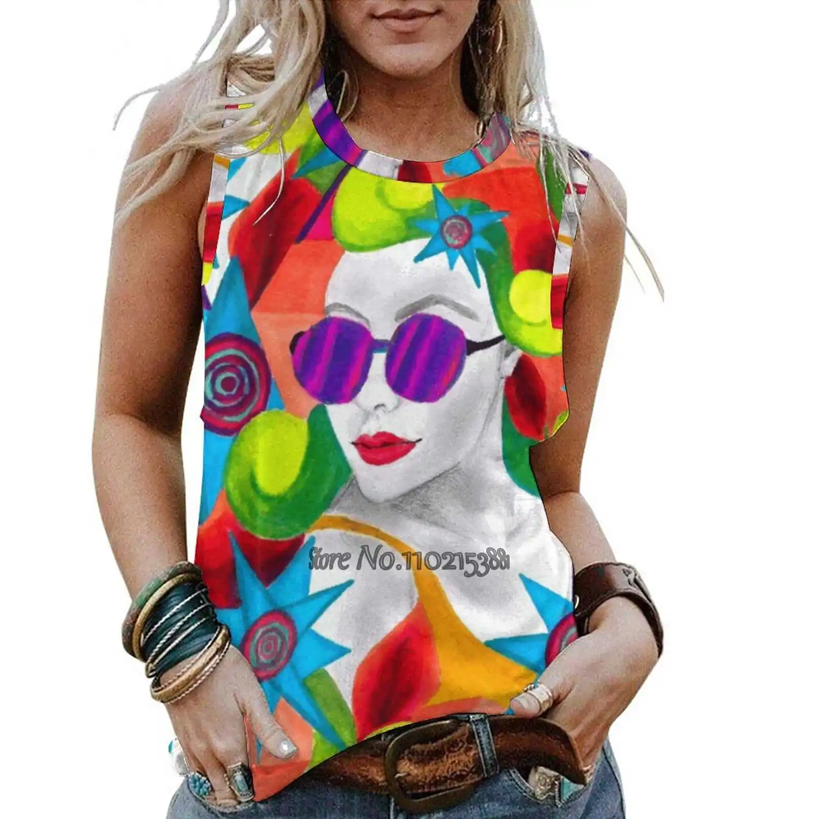 

The Lady Pop Illustration Summer Elegant Tank Tops O Neck Sleeveless Shirt Casual Loose Vest Top Pop Culture Portrait Pop