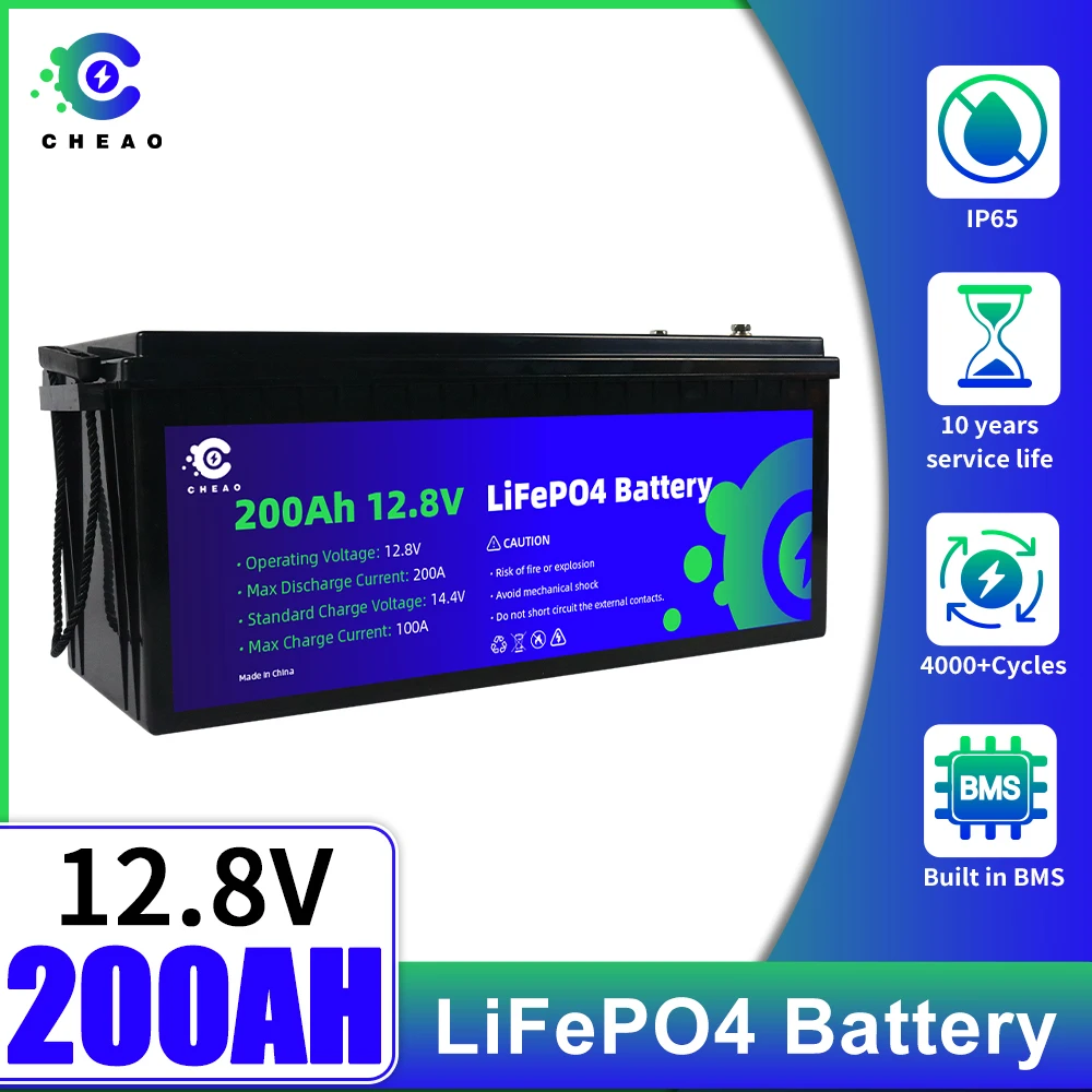

Аккумулятор LiFePO4 12 В, 200 ач, Встроенный BMS глубокий цикл, 2560 Втч для внесетевого, RV, солнечной энергетической системы, домашнего резервного коп...