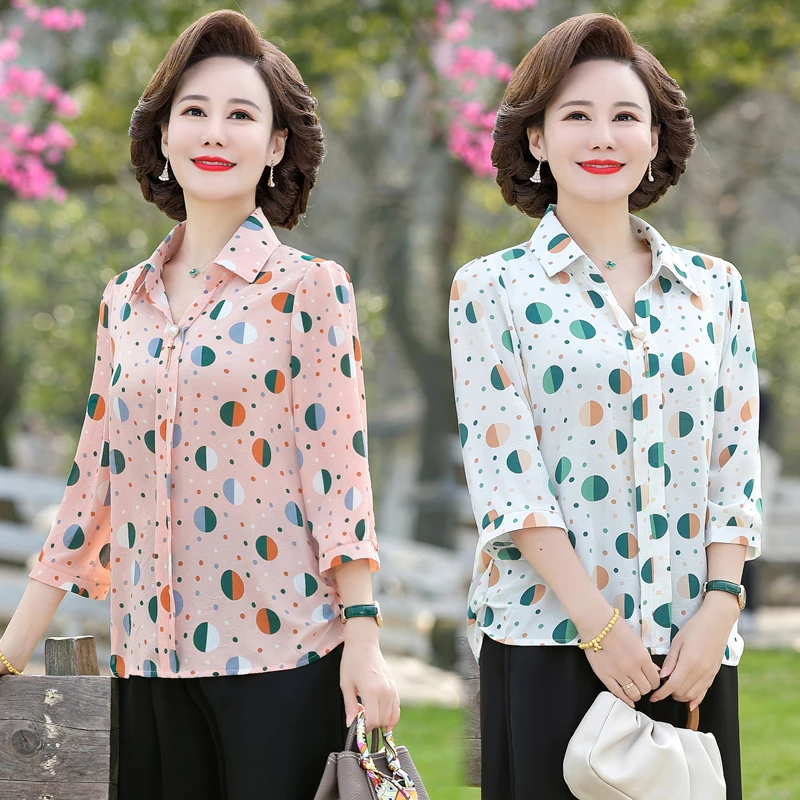 2022 Korean Stylish Women Elegant OL Work Blouse Autumn 3/4 Sleeve Shirt Lapel Polka Dot Top Casual Loose Blusas Chemise