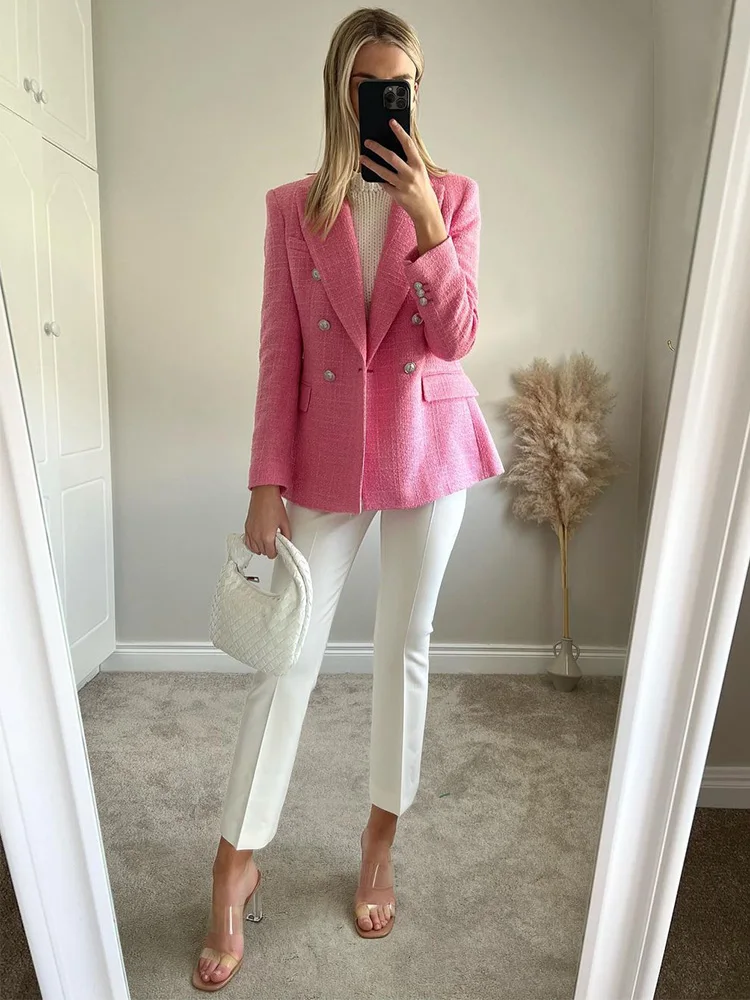 

Blazers Women Long Sleeve Peak Lapel Textured Tweed Blazer With Flap Pockets Office Elegant Double Breasted Suit Blazer Jacket