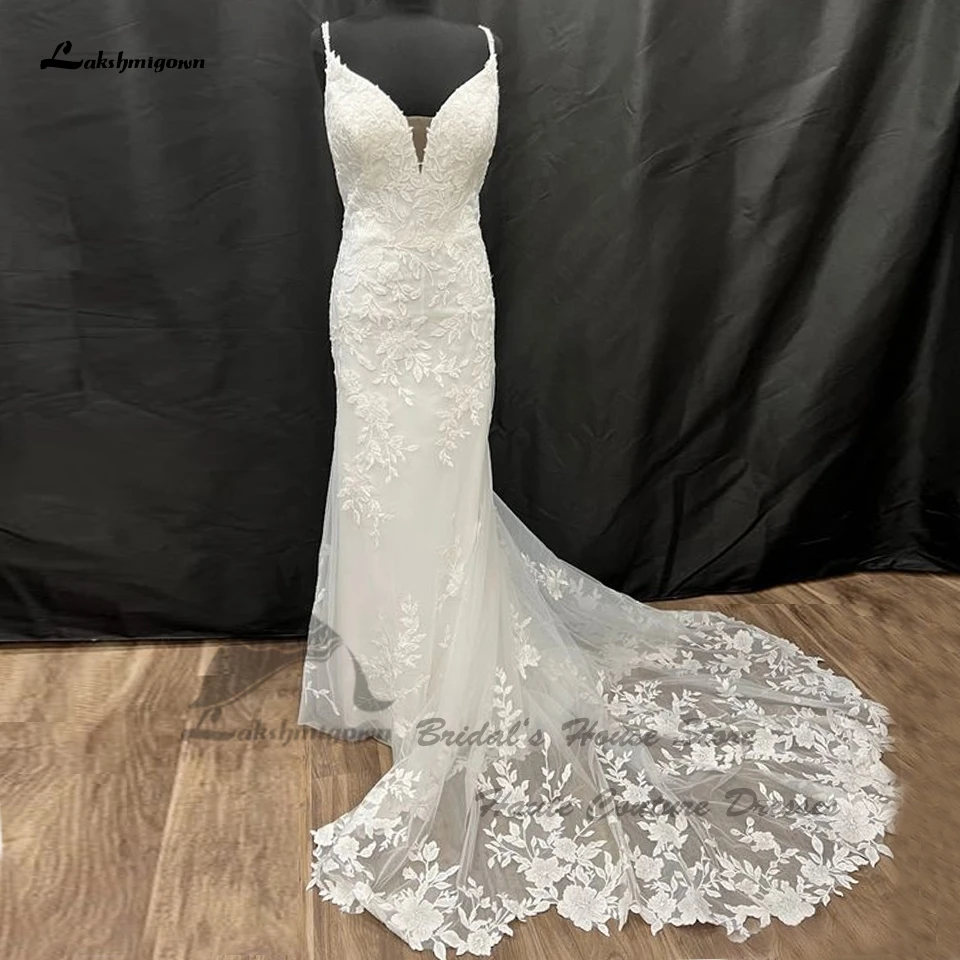 

Lakshmigown Роскошные кружевные свадебные платья-русалки на тонких бретелях 2024 сексуальные женские платья с длинным шлейфом