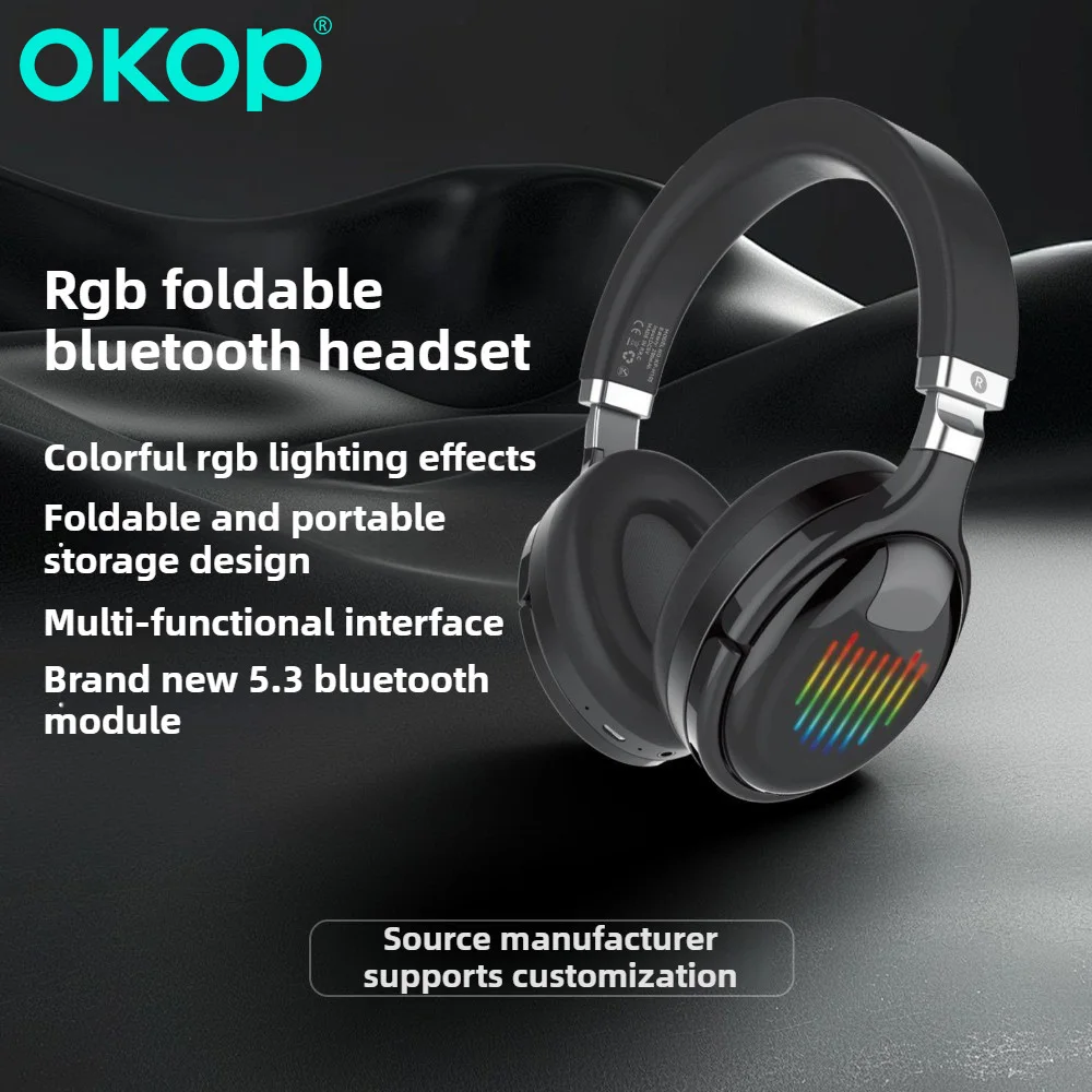 Фото OKOP Беспроводная Bluetooth-гарнитура, складная RGB-гарнитура, активное шумоподавление, динамический динамик, подходит для ноутбуков наушники №2