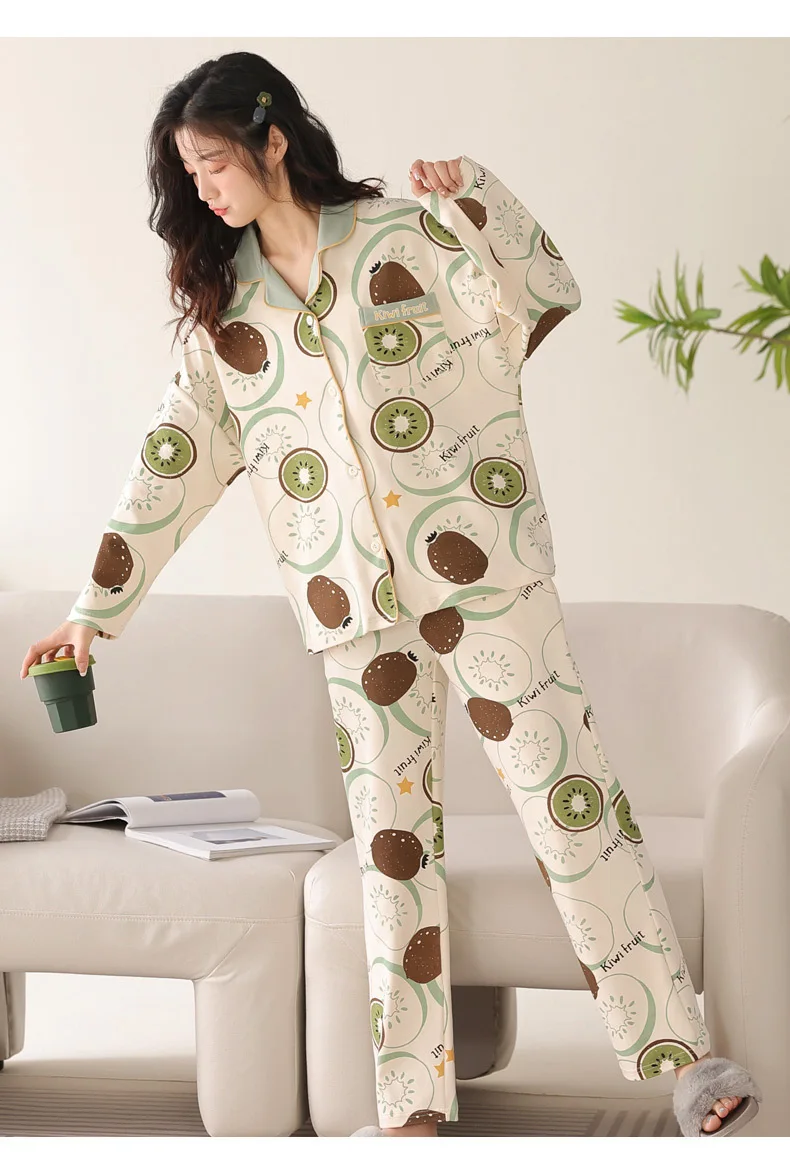 Yasuk Spring Autumn Fashion Women Casual Soft Print Sleepwear Homewear Pajamas With Pants Sweet Kiwifruit Girl Simple Cotton