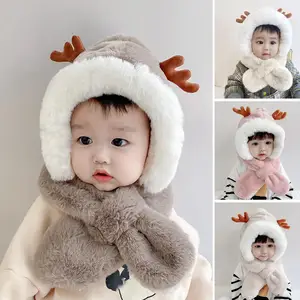 Imported 1-8 Years Winter Warm Hat Scarf Baby Girl Boys Hat Plush Hooded Scarf Cartoon Cute Children Hat Gorr