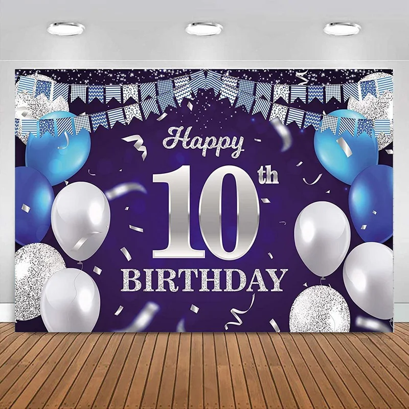 

Happy 10th Birthday Photography Backdrop Blue Balloons Flag Light Spots Cheers to Banner Decorations for Girls BoysBackground