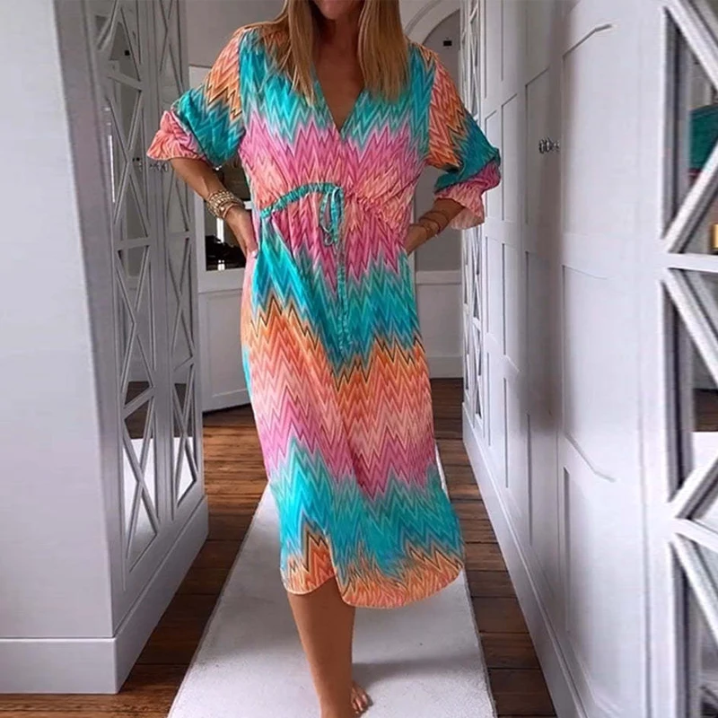 

Модная градиентная Женская пляжная юбка в стиле бохо с волнистым принтом, повседневное Свободное длинное платье с рукавом 3/4 и завязкой на шнуровке, сексуальное женское платье с V-образным вырезом