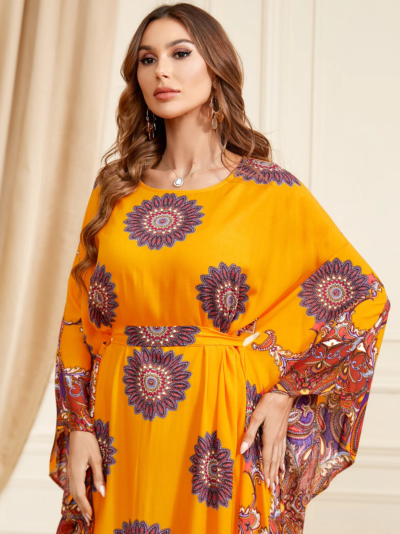 BNSQ Summer Bat Sleeve Muslim Dress For Women Abaya Floral Pattern With Belt Moroccan Turkey African Caftan