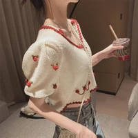 summer 2022 women knitted print clothing female short vintage sweater short sleeve loose top ladies single button cardigan a99