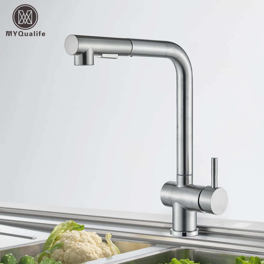 

Brushed Nickel Pull Out Kitchen Sink Faucet High Pressure Two Model Stream Sprayer Nozzle Stainless Steel Tap Deck Install