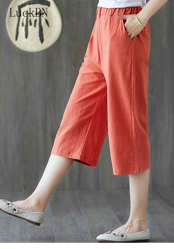 

Spring Summer Cotton Baggy Trousers Casual Pants Women Clothing Linen Elastic Waist Female Large Size Straight Leg Pants Black