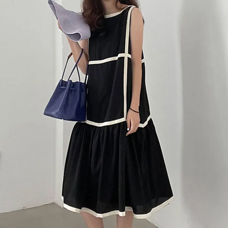 

SuperAen Korea Chic Retro Simple Round Neck Edge Contrast Color Loose Casual Stitching Flounce Sleeveless Vest Dress