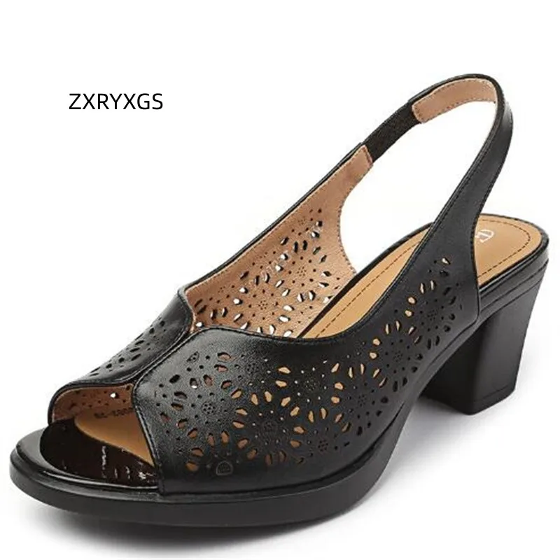 

ZXRYXGS Premium Cowhide Hollow Fish Mouth Sandals Women's High Heeed Sandals Large Size 2023 New Fashion Elegant Sandals Tide
