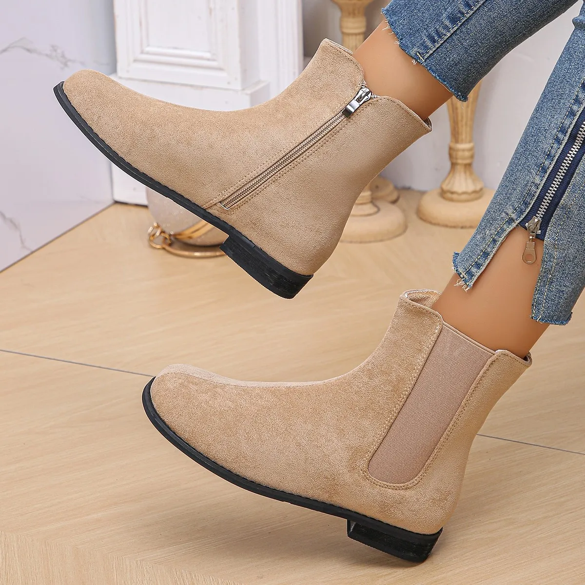 Женские резиновые сапоги зимняя обувь ботинки с круглым носком на молнии женские