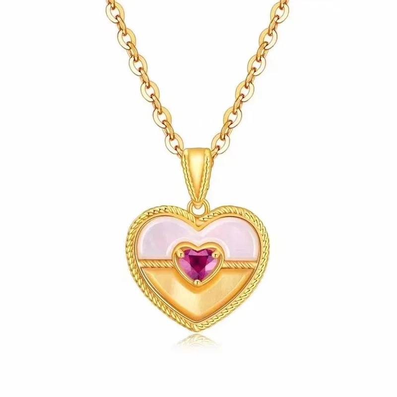 

JICAI Real 18K Gold Pendant Necklace Red Agate Heart Design Pure Solid AU750 Chain Fine Jewelry Gift for Women Gold Jewelry