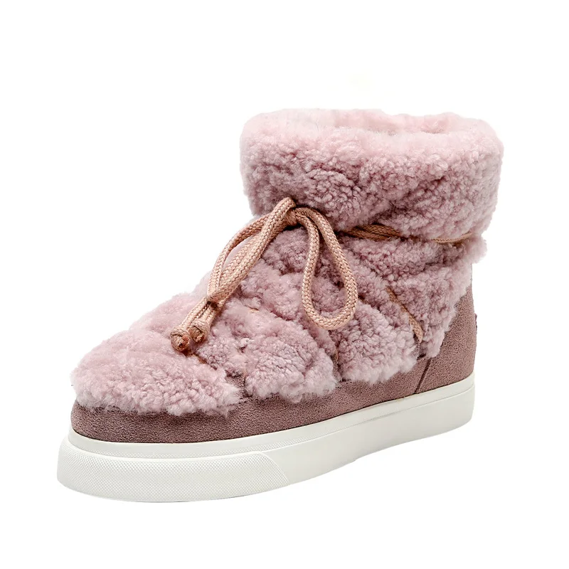 

Women Ankle Boots High Quality Winter Suede Flat Shoes Elegant Ladies Beige Pink Lace Up Round Toe Wool Snow Boots Female Shoes