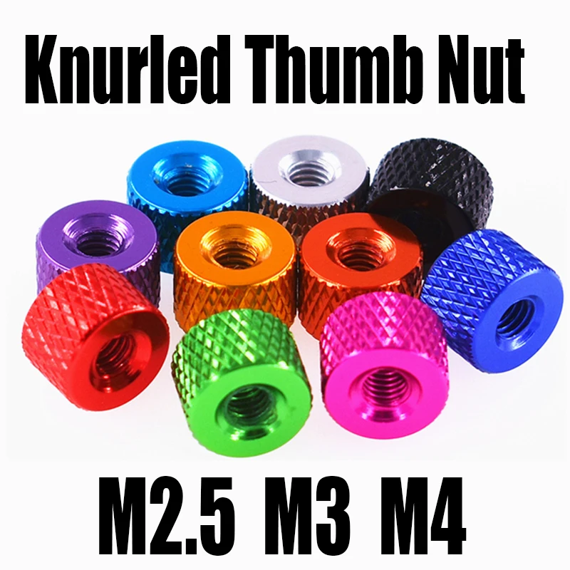 Купи 5PCS M2.5 M3 M4 Color Aluminum Knurled Thumb Nut Hand Tighten Thumb Nut Flat Head Full Thread Nut For DIY/Model Airplane за 97 рублей в магазине AliExpress