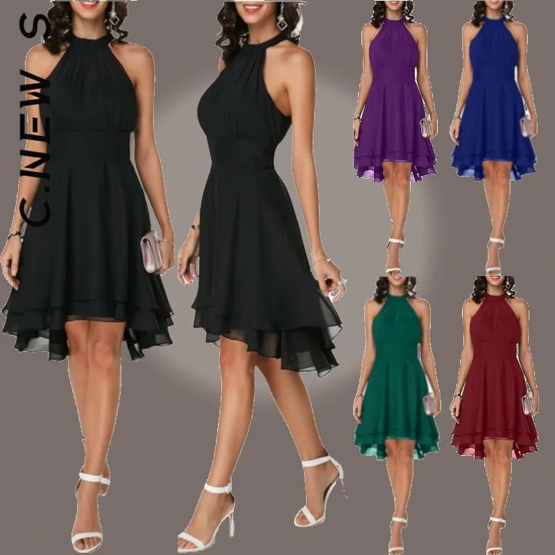 

C.New S Halter Sleeveless Dress Elegant Summer Chiffon Solid Color Cropped Layered Midi Dress High Waist Slim-Fit Party Dresses