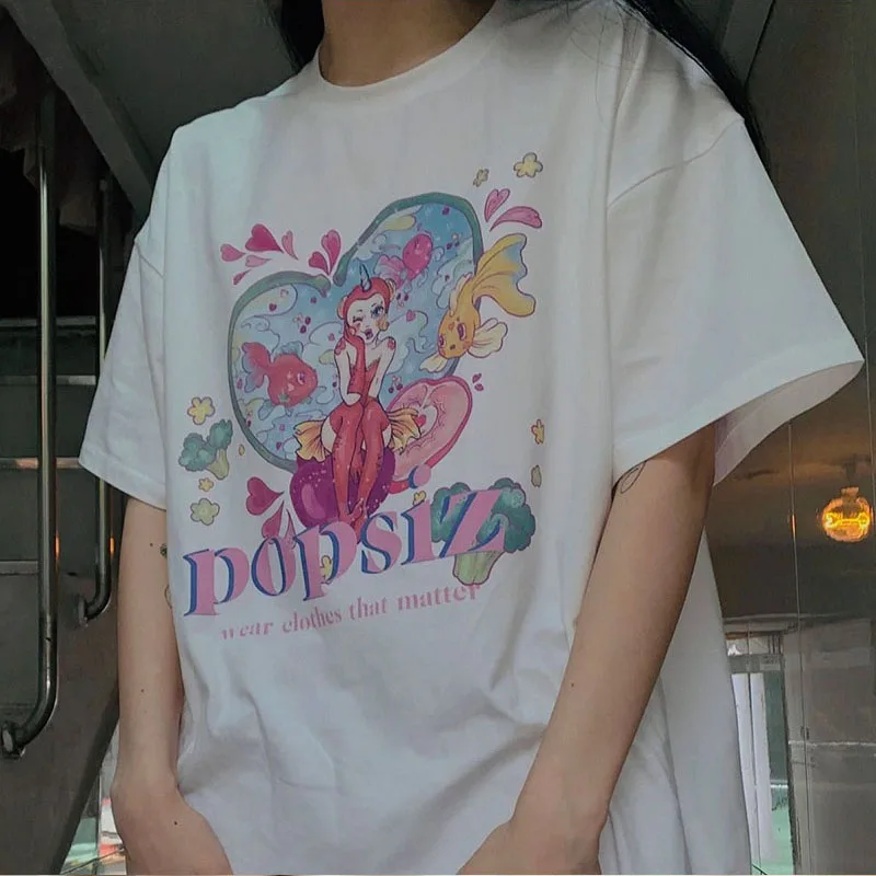 

Women's T-shirts Korean White Oversize T-shirt Female Clothing Hip Hop Tops Harajuku Vintage Aesthetic Graphic Punk Clothes