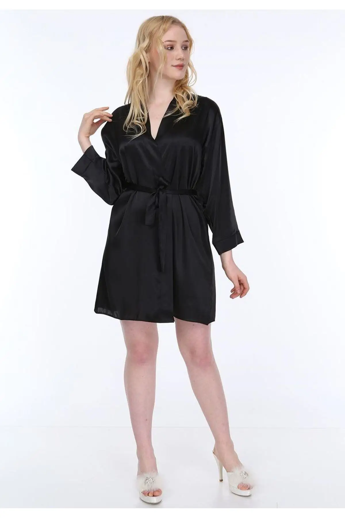 

Asimod 4211 женский халат с рукавом три четверти, для невесты, для письма, детализированный Топ, для свадьбы, блестящий черный атлас, высокое каче...