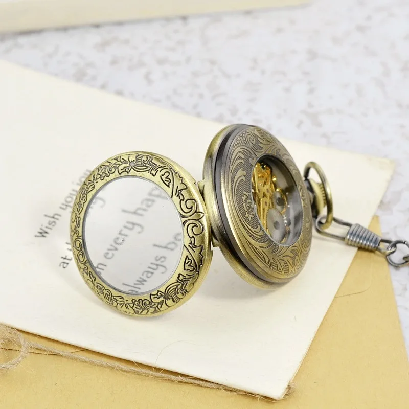 Luxury Mechanical Bronze Pocket Watch for Men Women Skeleton Dial Roman Numeral Dial Fob Chain Pendant Clock for Collection Gift