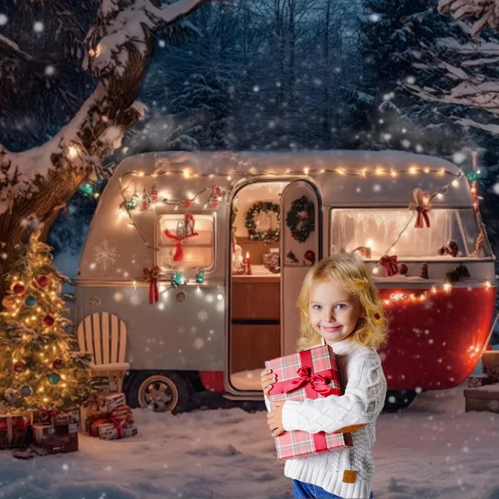 Зимний Снежный фон для фотосъемки с изображением автобуса туристический лес