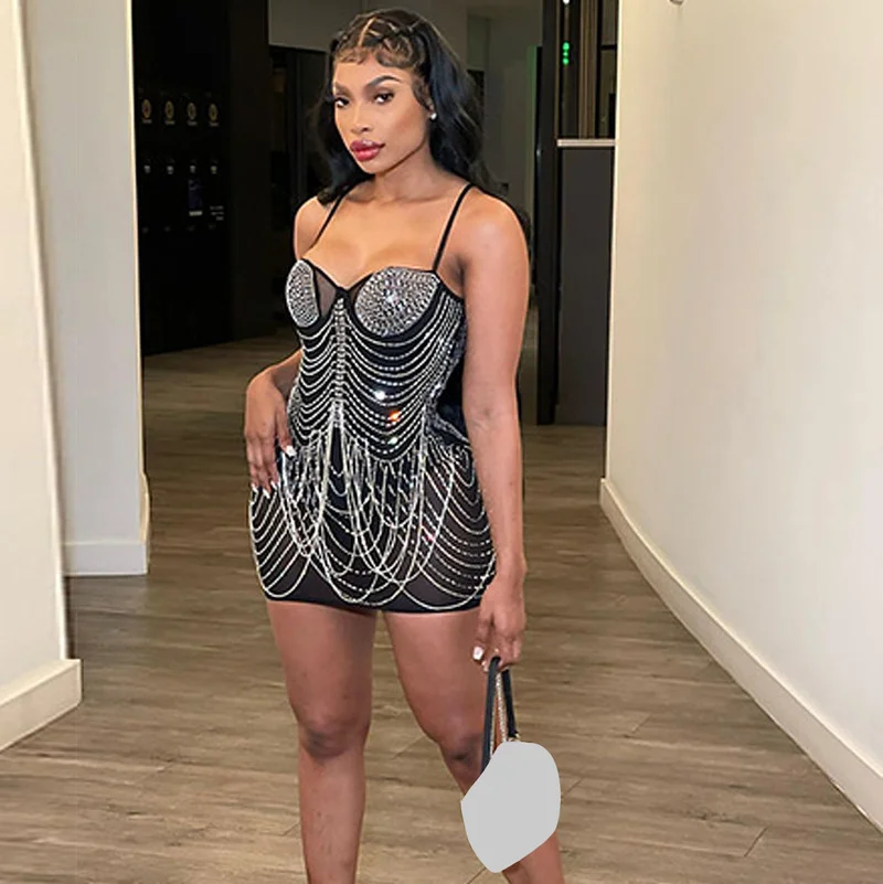 

WUHE Black Rhinestone Fringe Spparkle Mini Women Dresses Summer Glam Mesh Sequins Short Party Birthday Dress