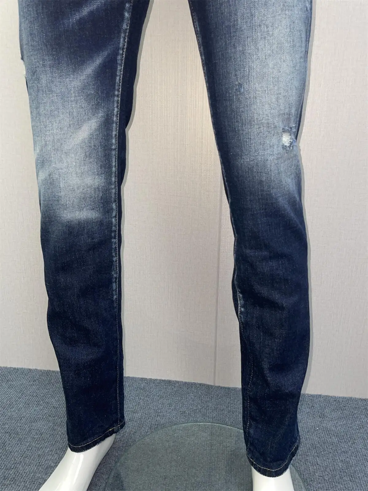 Spring and Summer New Fashion Men's Washed Denim Pants with Worn Hole Patches and Paint 3D Cutting Small Feet Deep Blue Jeans