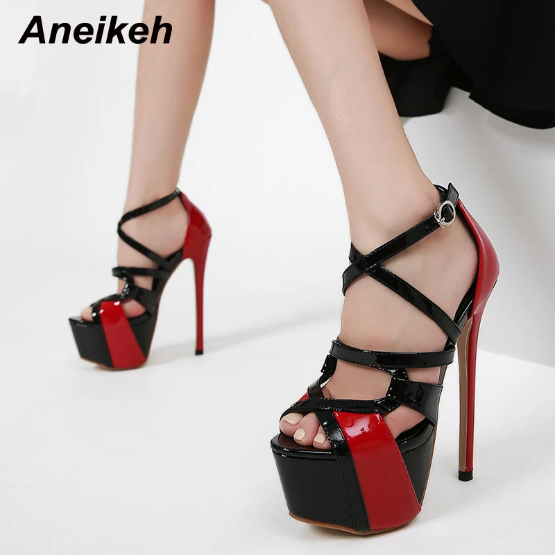

Aneikeh 2022 New Super High Heel Women Summer Sandals Fashion Patent Leather Sexy Peep Toe Party Nightclub Platform Modern Shoes
