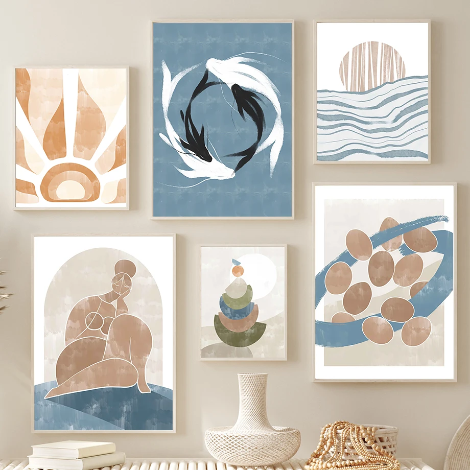Boho Woman Body Whale Sunshine Abstract Wall Art Painting Nordic Posters and Prints Living Room Wall Picture Customizable
