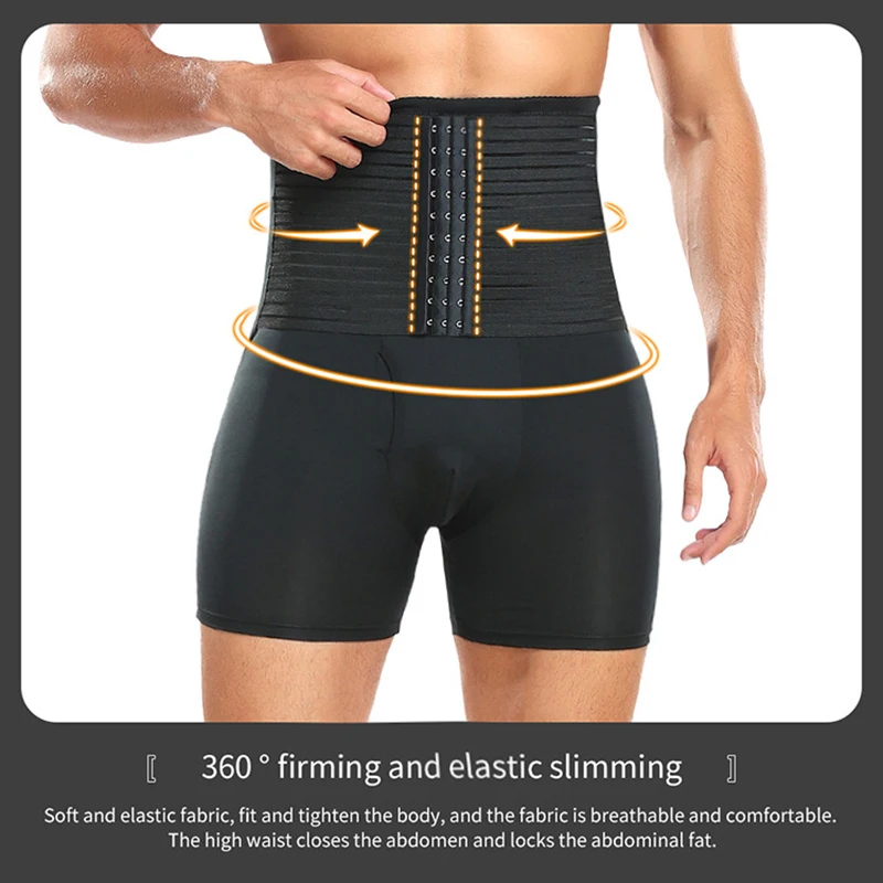 Men High Waist Trainer Shorts with Hooks Tummy Control Body Shaper Padded Boyshorts Butt Lifter Compression Abdomen Belly Shorts