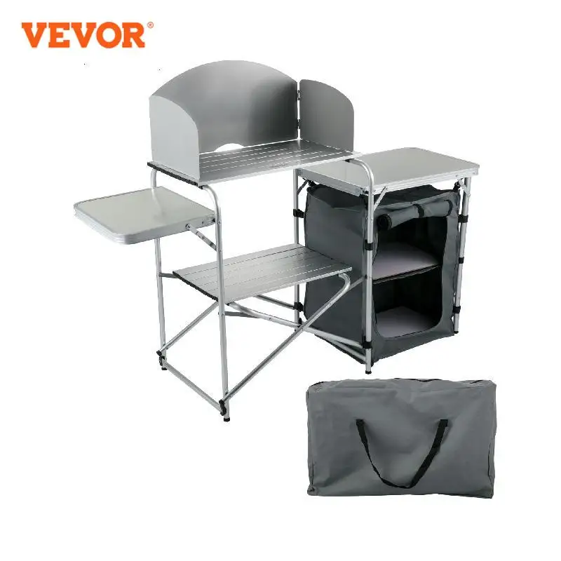 

VEVOR Outdoor Camping Kitchen Table Portable Folding Aluminum Picnic Cabinet with Windshield Storage Organizer Adjustable Feet