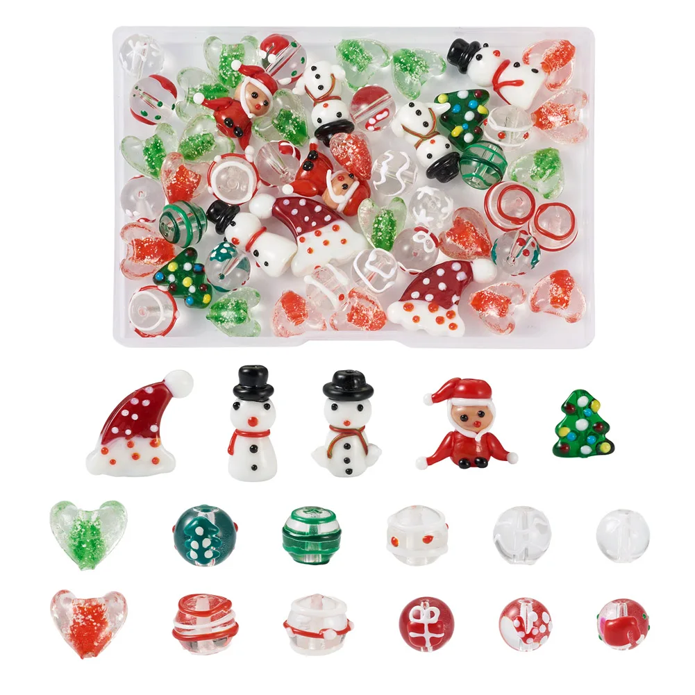 

50pcs Christmas Lampwork & Transparent Glass Beads Xmas Tree Santa Claus Snowman Colorful Bead DIY Jewelry Making Finding Kit