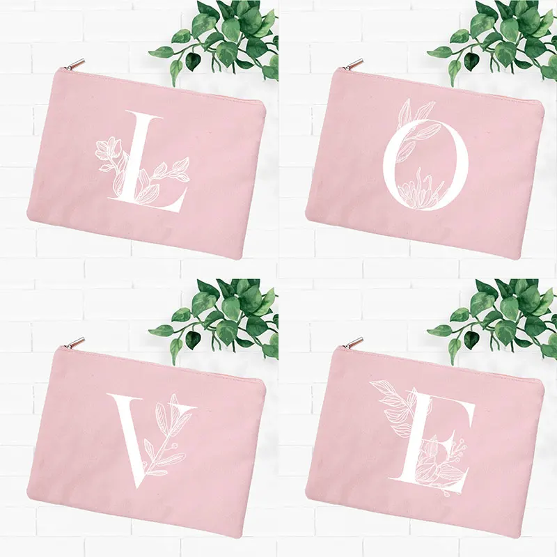 Gift for Her Floral Initials Print Pink Makeup Purse Tas Cosmetic Bag Makeup Travel Bag Kawaii Pouch Pencil Bags Make Up Storage