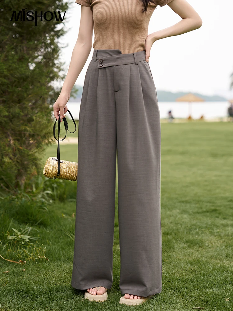 MISHOW Women's Pants 2023 Summer Asymmetric Waistband Casual Pants Solid Loose Wide Leg Female Straight Suit Pants MXC36K0044