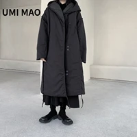 UMI MAO Yamamoto Dark Black Thickened Warm Cotton Clothing Men's Women's Hooded Thickened Winter Jacket Coat Mid-length Y2K