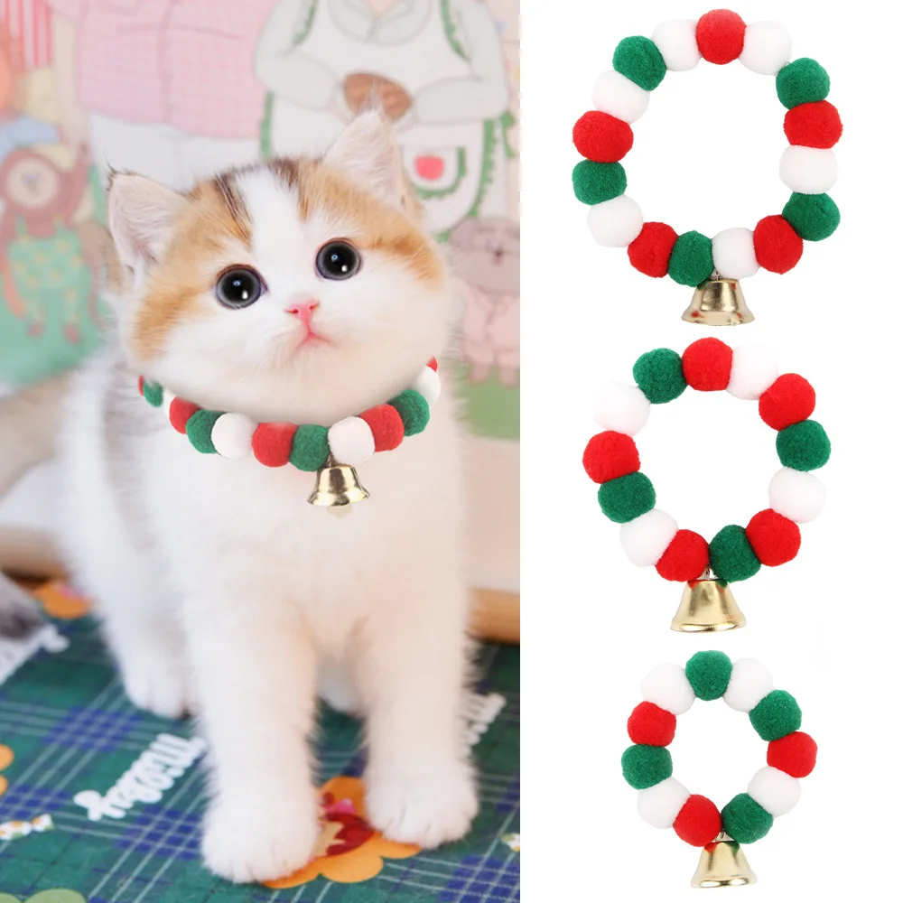 

New Christmas Dog Cat Plush Ball With Bell Necklace Soft Elasticity Collar Pet Neck Accessories Pompom Ball Gift For Puppy Kitty