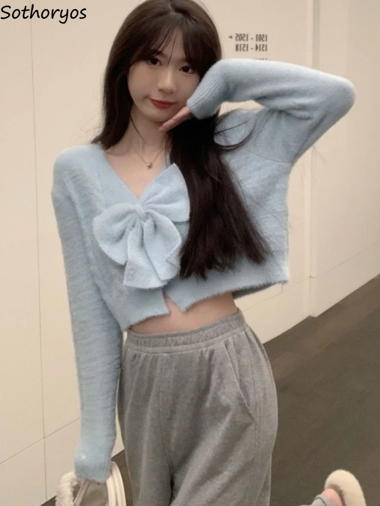 

Pullovers Women Bow Sweet Design Minimalist Pure Temperament Sexy Cropped Casual Korean Style Ladies Loose Autumn Sweater Chic