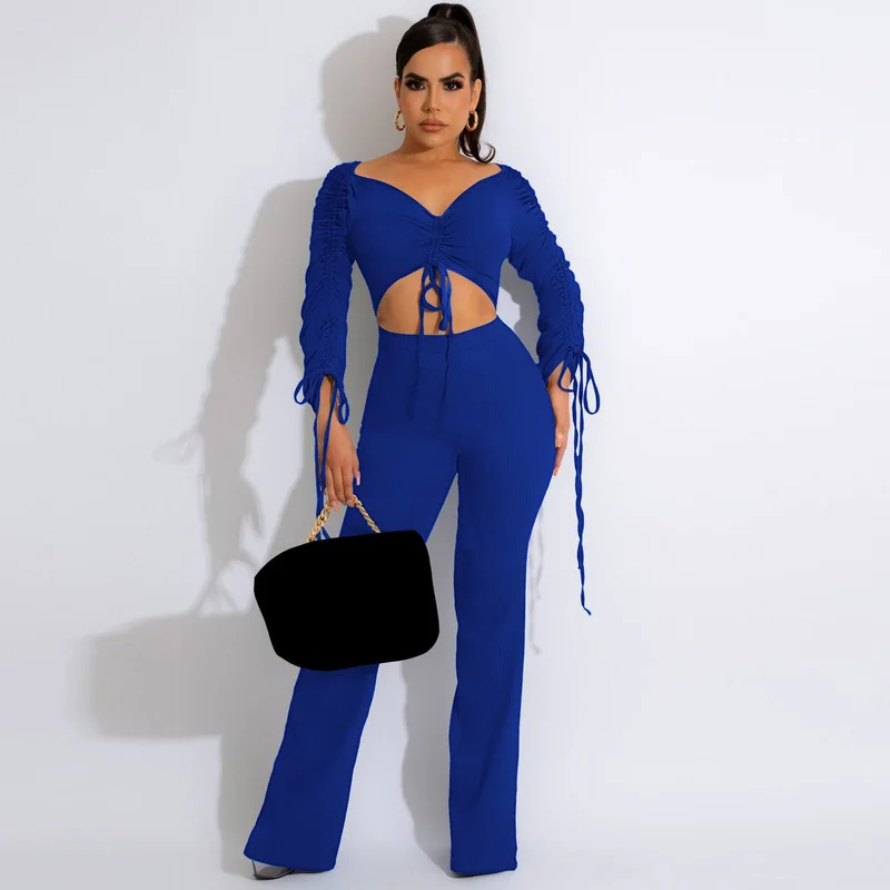 

WUHE Sexy Chic Two Piece Sets Women Fall Clothes Drawstring Ruched Bandage Crop Top and Wide Leg Pants Club Festival Outfit