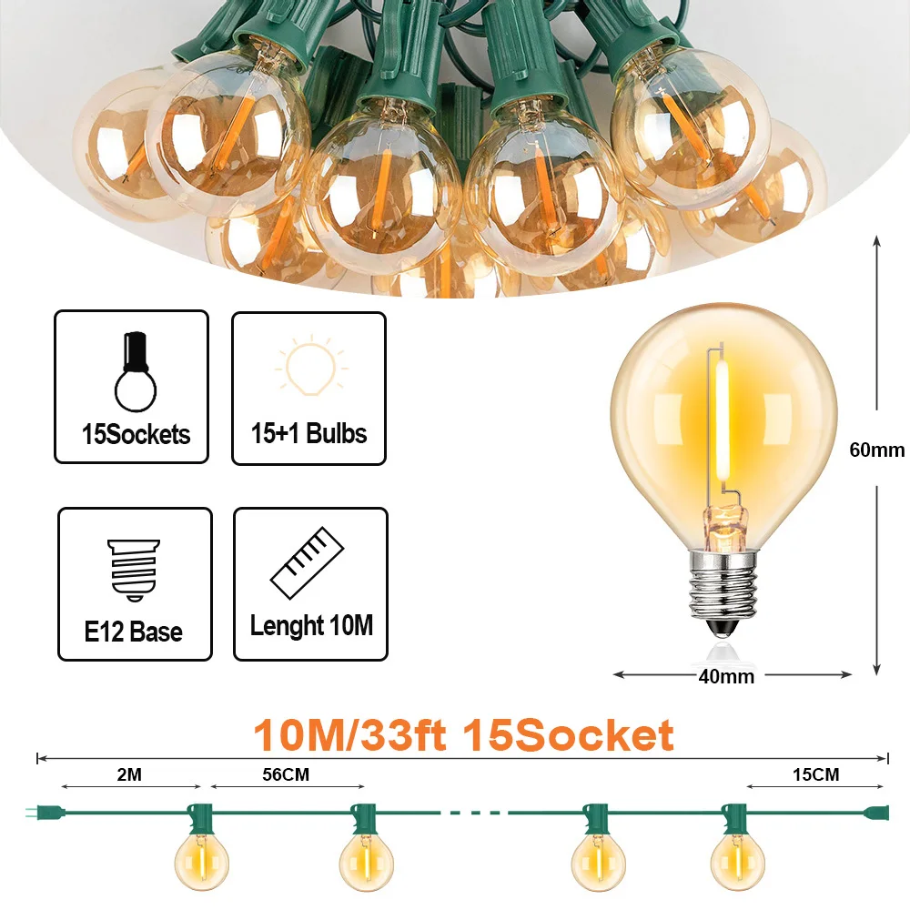 

GANRILAND Внешняя светодиодная гирлянда G40, янтарные стеклянные шары