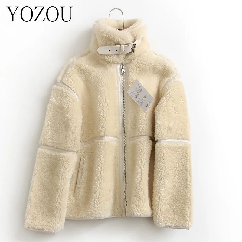 

[YOZOU] Winter Luxury Thick Beige Warm Faux Fur Coats Fluffy Biker Jackets Zip Up Teddy Coat Woman Lambwool Outwear Korean
