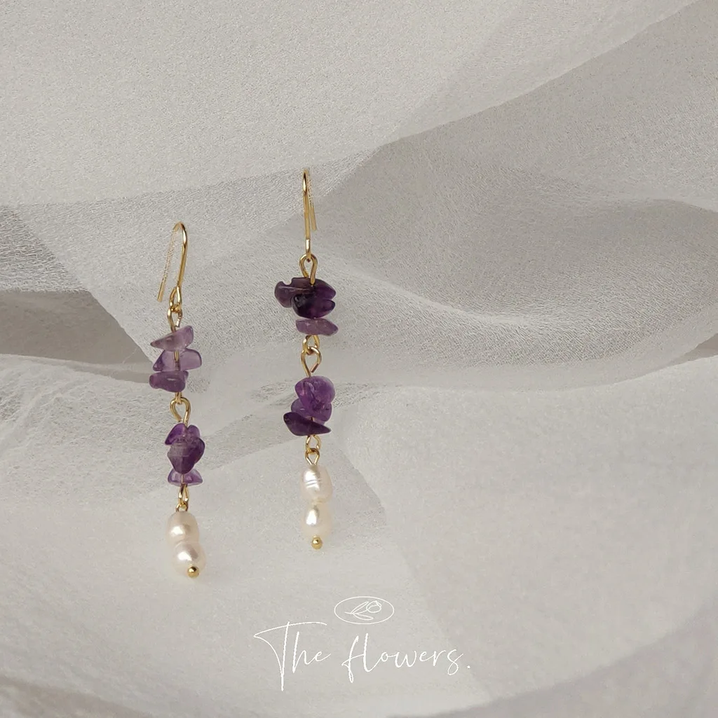 

[Romantic Lavender] Purple Crushed Stone Fringed Pearl Women's Earrings Fashion Design Handmade Temperament Long Earrings