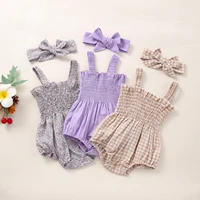 kids toddler baby girls clothing 2pcs summer cotton outfits sleeveless frill smocked strap bodysuit with headband casual set