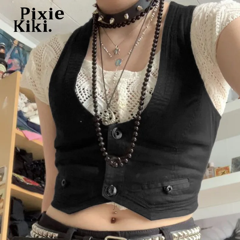 

PixieKiki Y2k Aesthetic Vintage Sleeveless Vest Woman Black Brown Cropped Coat Cardigan 90s Fashion Ladies Jackets P77-DA12