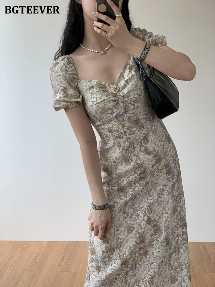 

BGTEEVER Spring Summer Puff Sleeve Floral Dress for Women Vintage Chic Square Collar Slim Waist Female A-line Dress vestidos