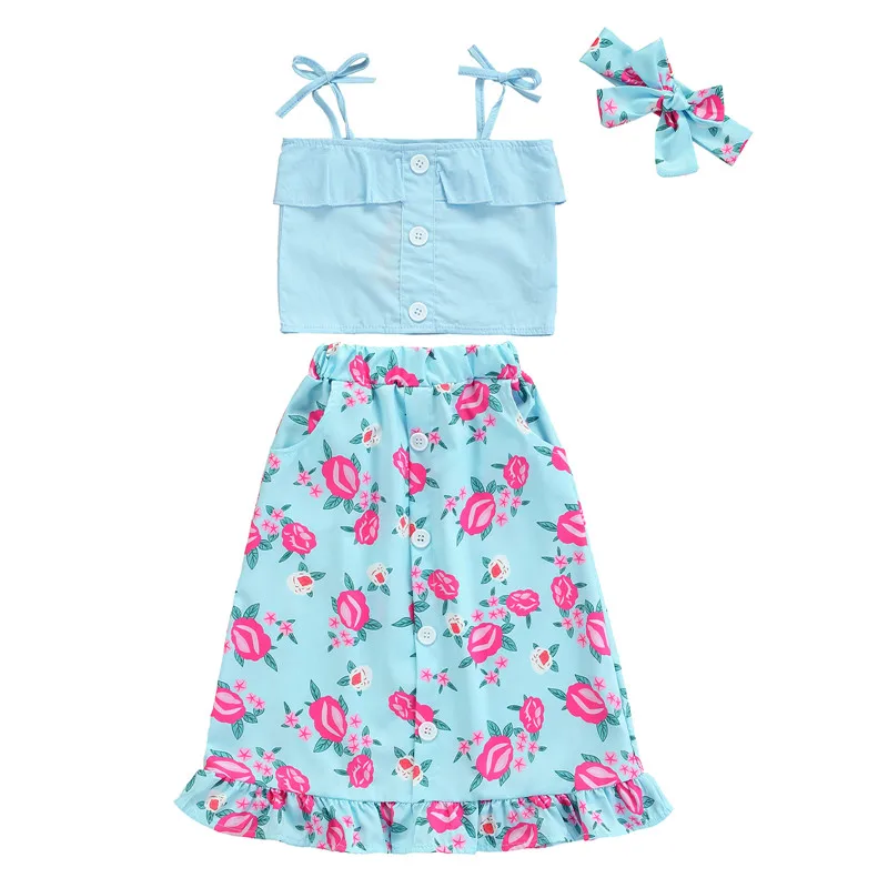 

Летняя одежда для маленьких девочек 3 шт., топы без рукавов с самозавязывающимися лямками + юбка миди с цветочным принтом + комплект с повязко...