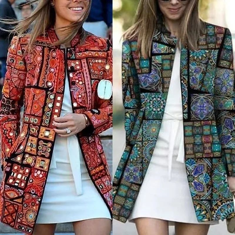 

Autumn women's digital printed mid length cardigan jacket